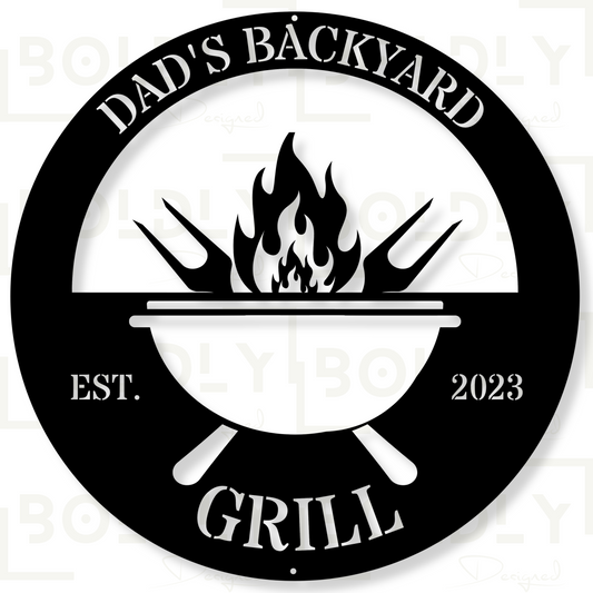 Stylish metal sign featuring a BBQ grill design, ideal for backyard decor and outdoor entertaining, enhancing the atmosphere for summer cookouts and gatherings. Perfect gift for dads.